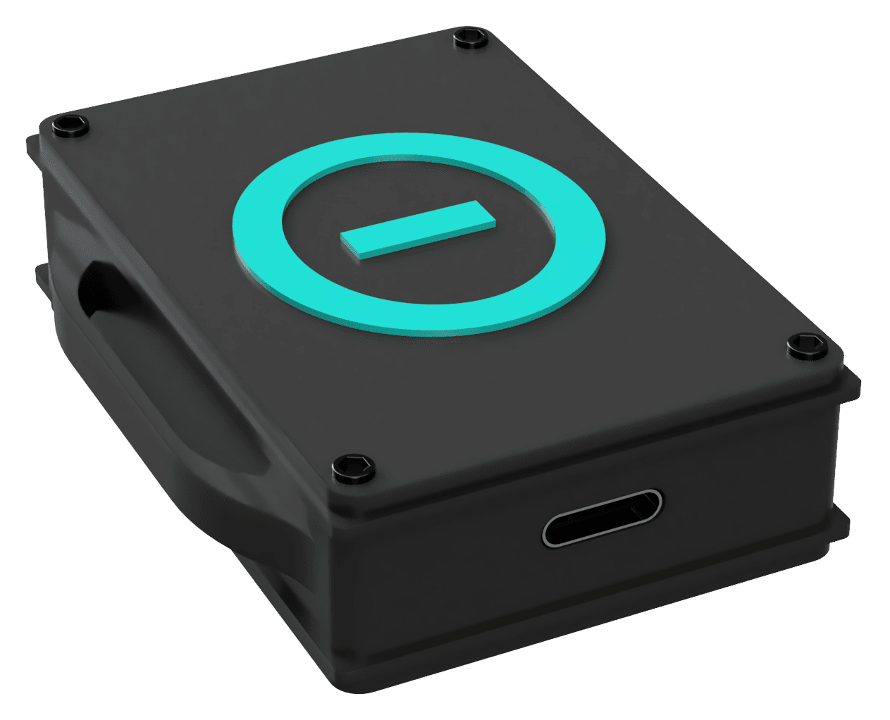 A PL1 sensor unit, a compact matt black housing with a teal indicator ring and a USB-C port.